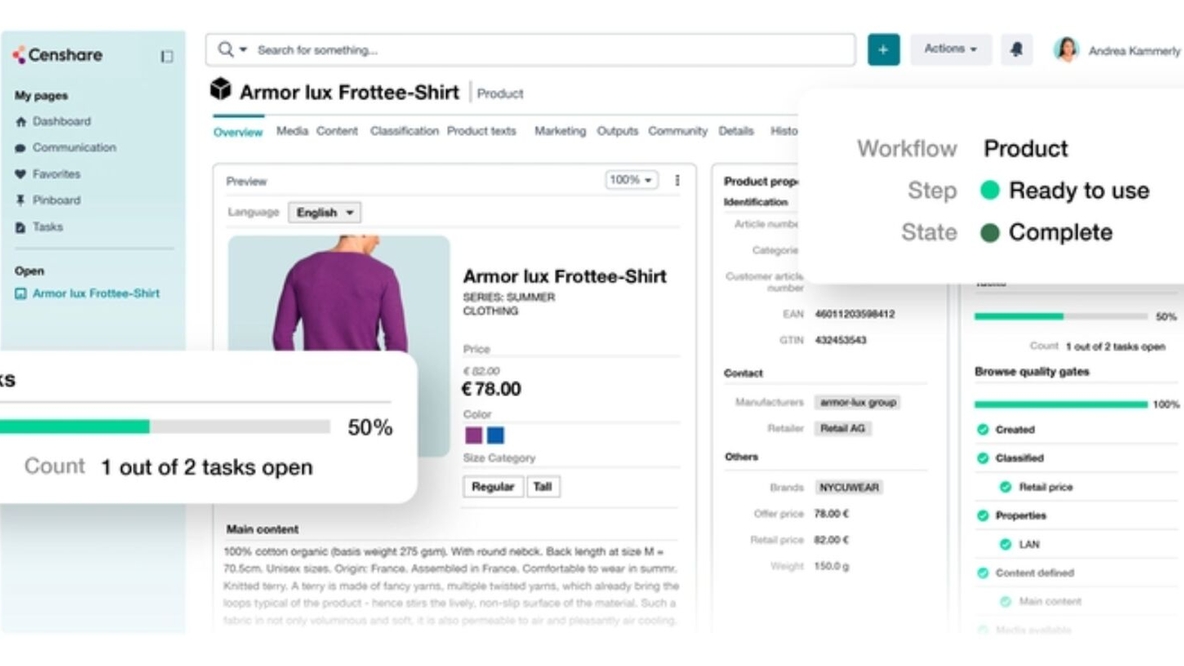 Censhare digital shelf management platform showing product content, workflow status, and completeness tracking