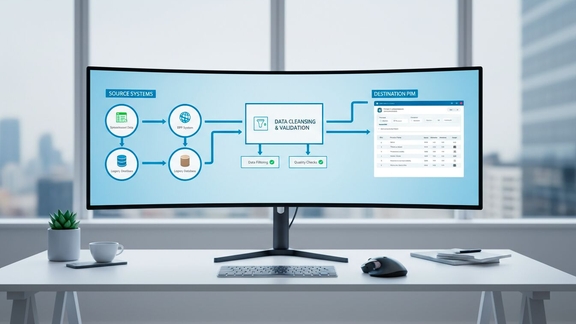 Product data migration workflow showing data flowing from legacy systems into a centralized PIM platform during a PIM implementation