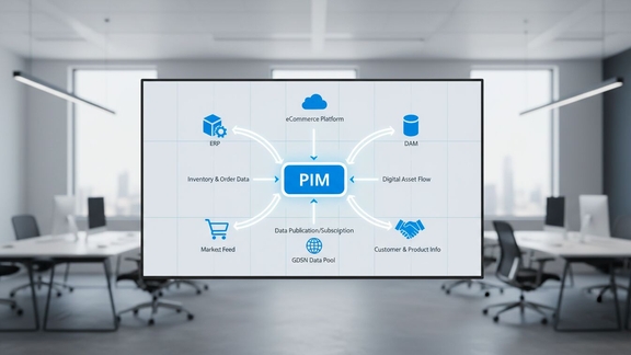 PIM implementation tech stack diagram showing integration connections between a central PIM and eCommerce, ERP, DAM, and marketplace systems
