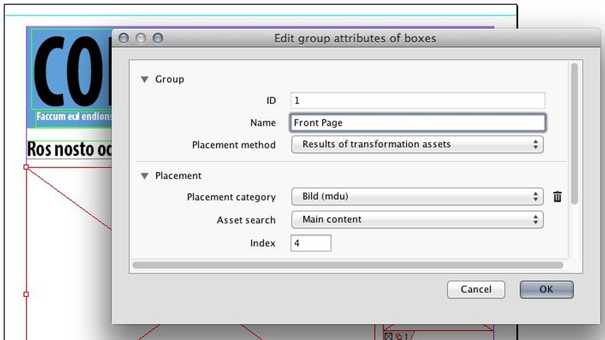 Editing of the placing metadata of a box for an exact selection of content